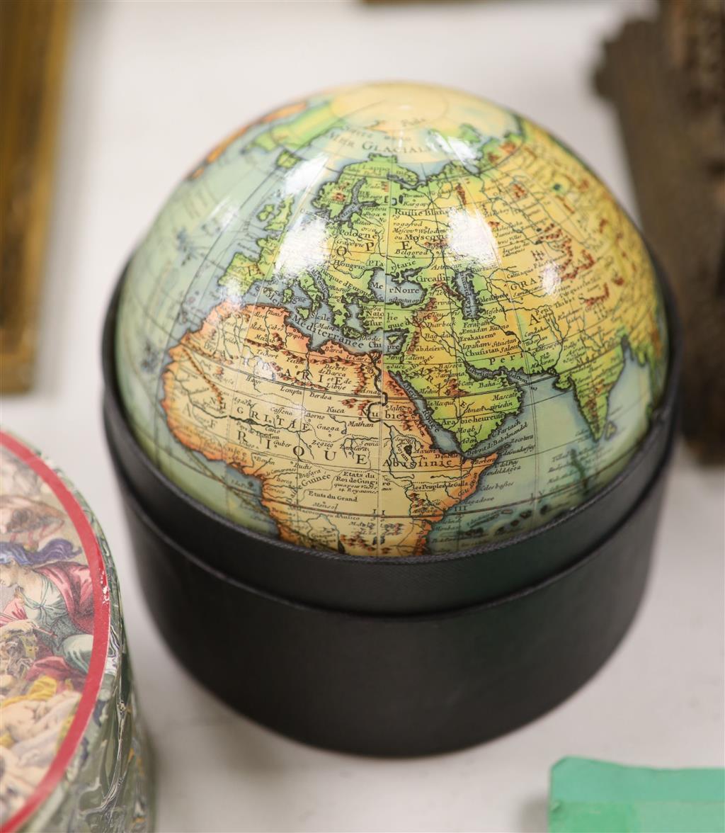 An Anglo-Indian casket, a Damascan domed casket and a modern globe, longest 40cm